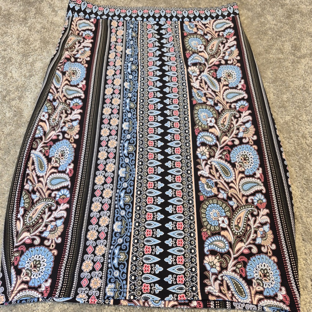 Liz Claiborne Career Womens Small Paisley Floral Pencil Skirt Black Blue Stretch